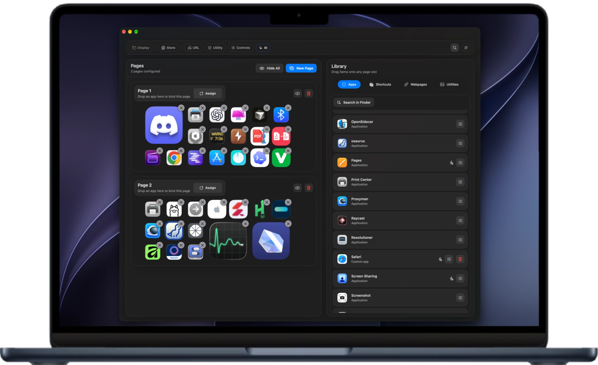 MacMobility on a MacBook, with apps and automation actions arranged in the editor