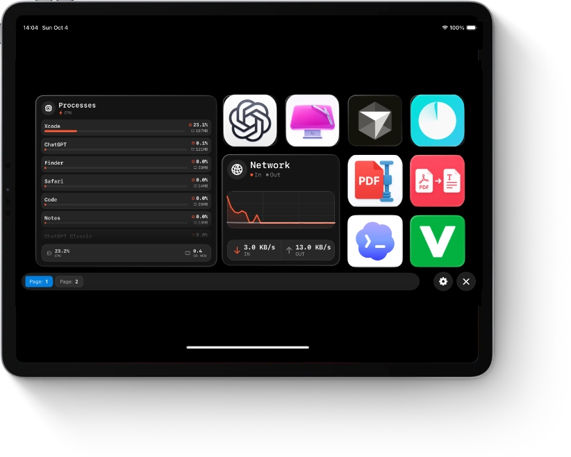 MacMobility iPad dashboard showing a custom collection of apps and widgets