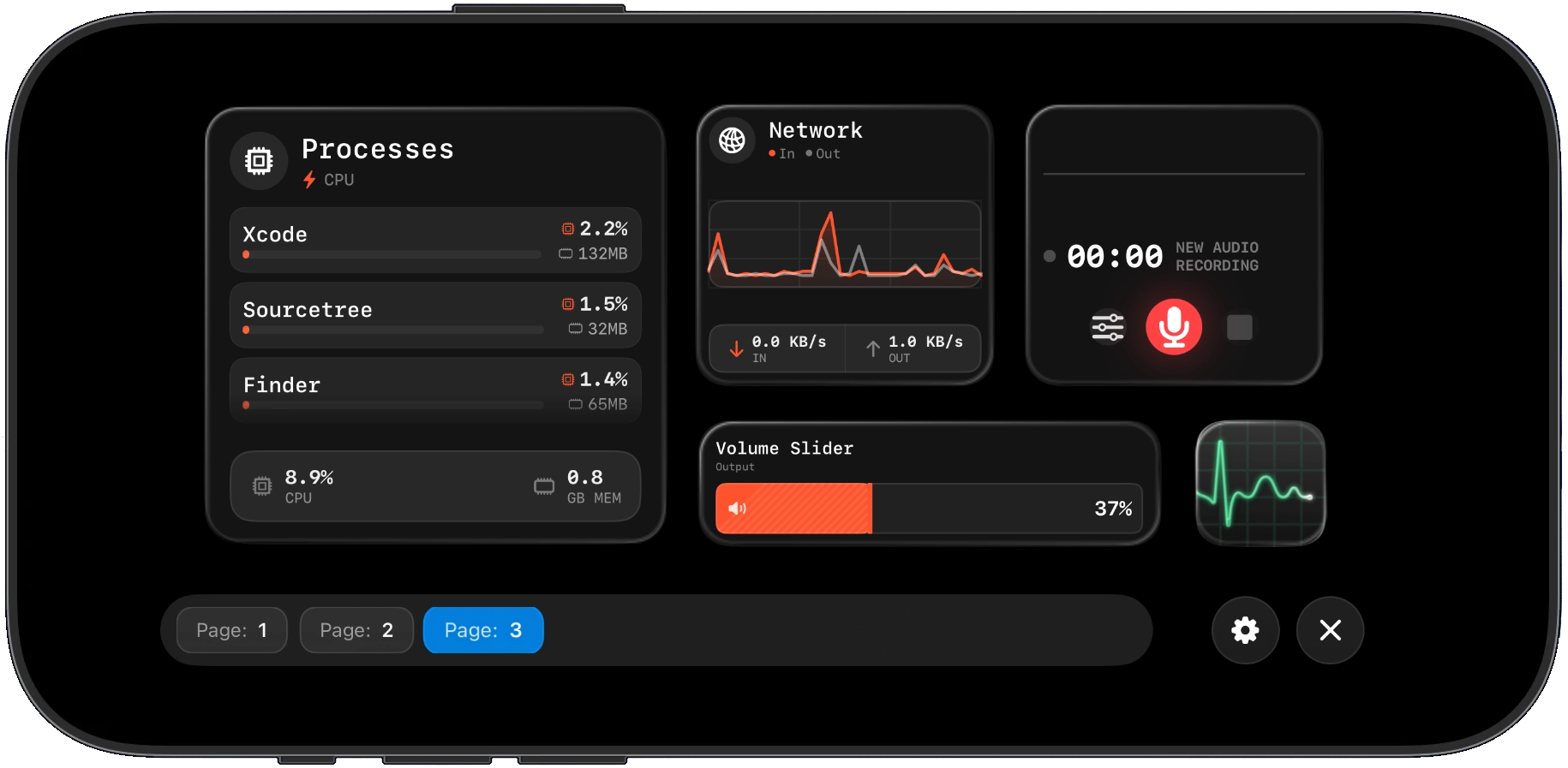 A custom MacMobility iPhone dashboard with buttons arranged in different sizes