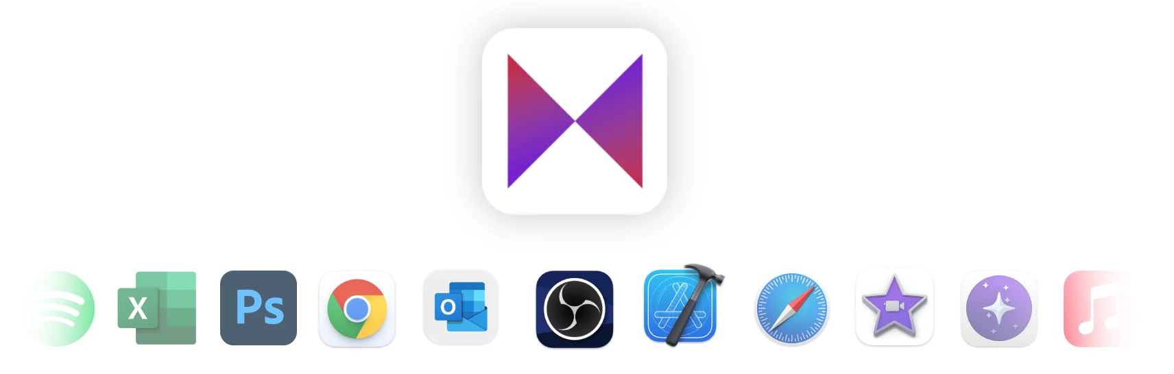 MacMobility alongside supported tools including Spotify, Excel, Photoshop, Chrome, Outlook, OBS, Xcode, Safari, and iMovie