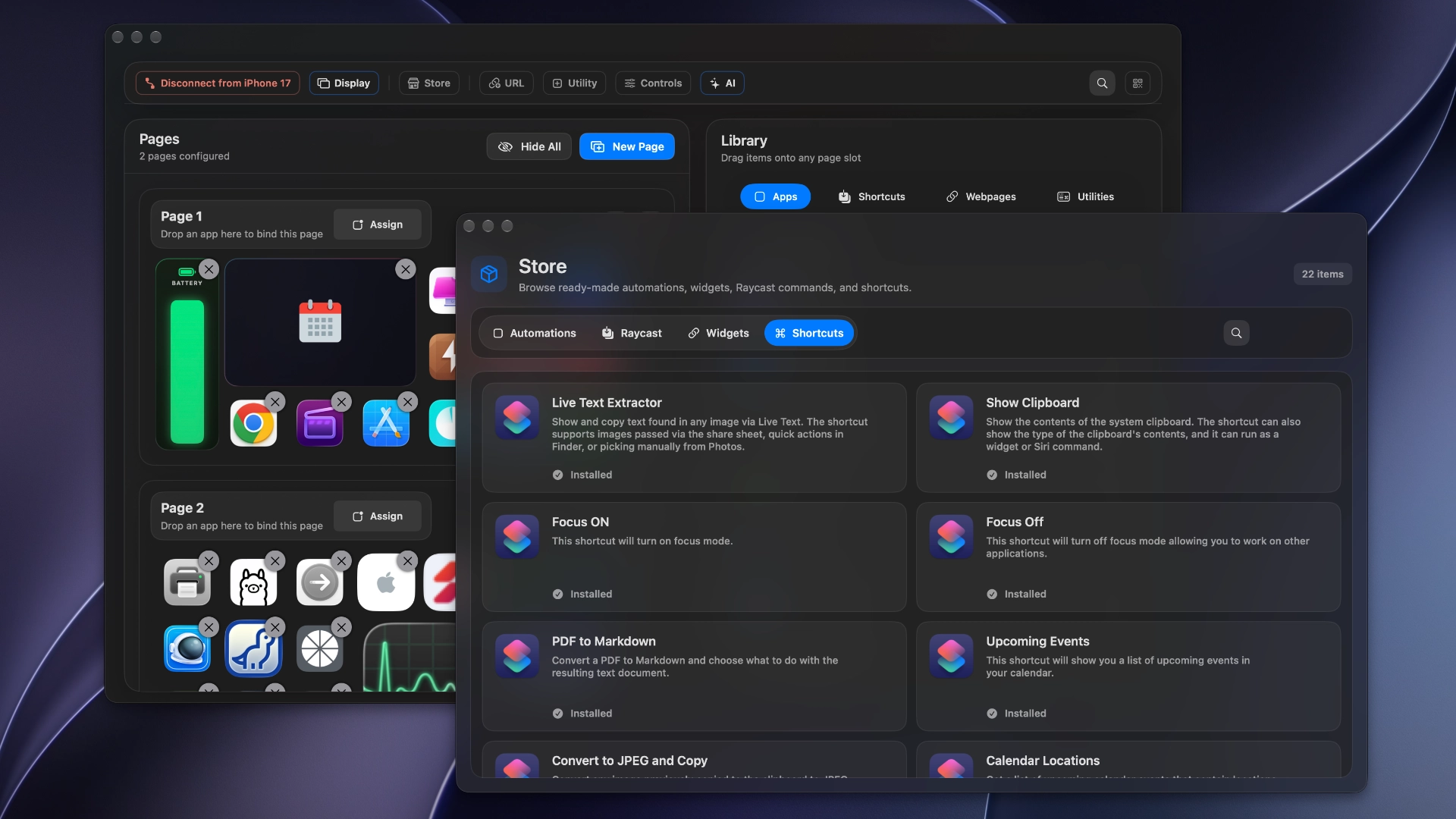 MacMobility editor and its Install Shortcuts library, including Live Text Extractor, Show Clipboard, and Focus actions